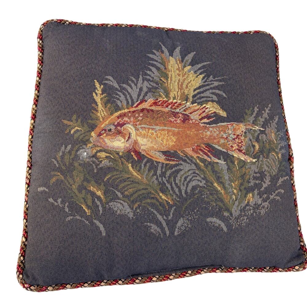 Vtg Koi Fish Needlepoint Tapestry Pillow Braided Edge 16” Square by Wilkinson’s